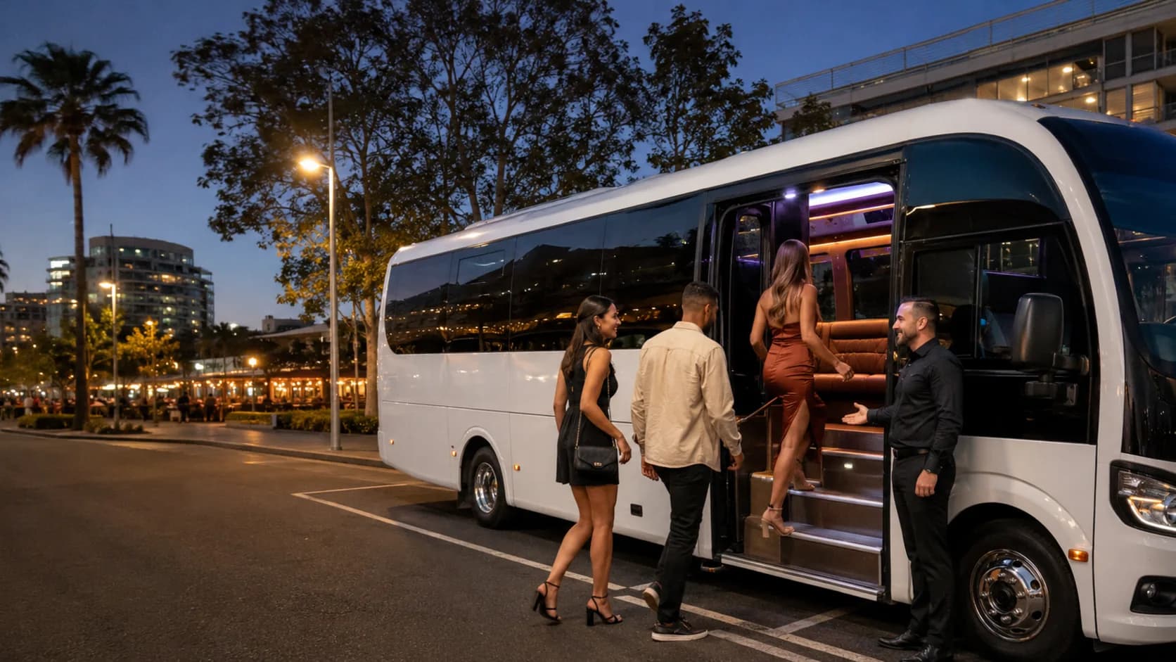 A party bus waits at an Australian kerbside at night with its interior lights on