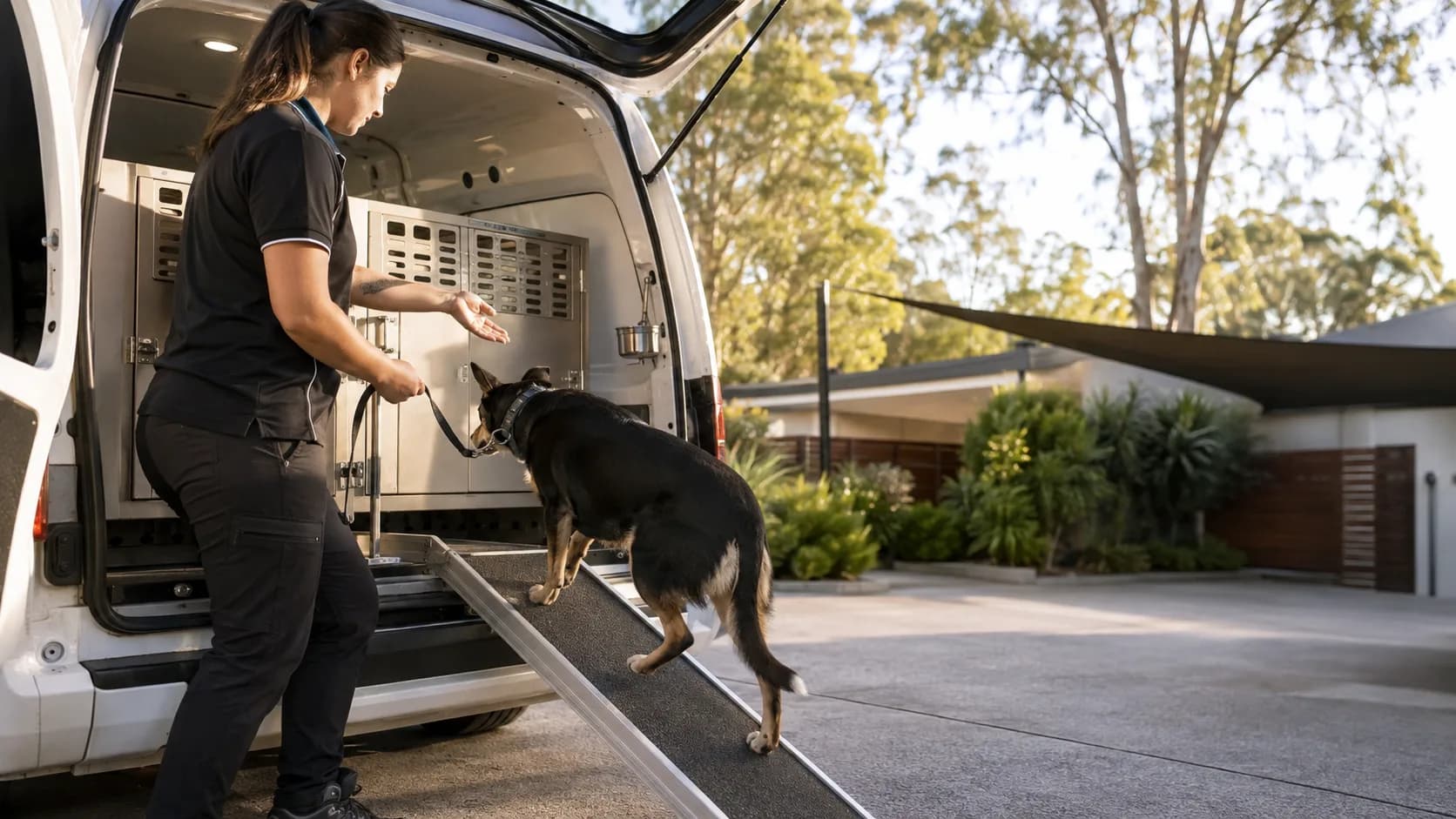 A driver walks a dog up a ramp into a transport van at an Australian home