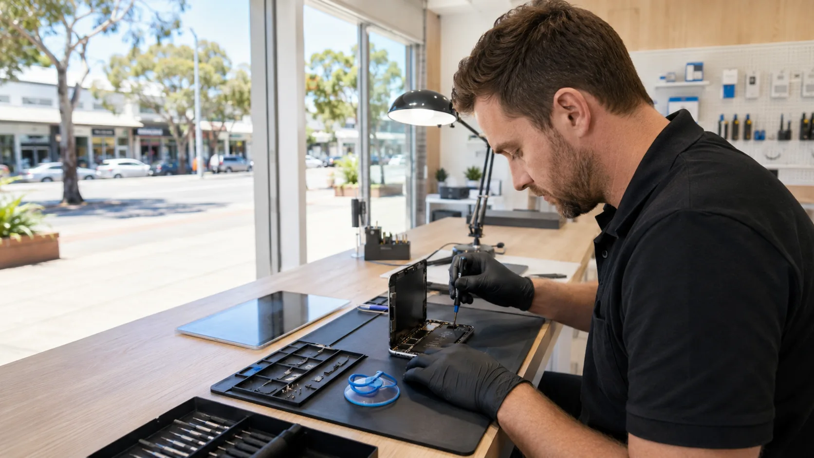 A technician replacing a phone screen at a repair bench in Australia