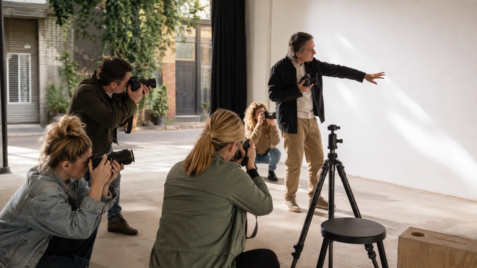Photography tutor guiding a small camera workshop in an Australian studio