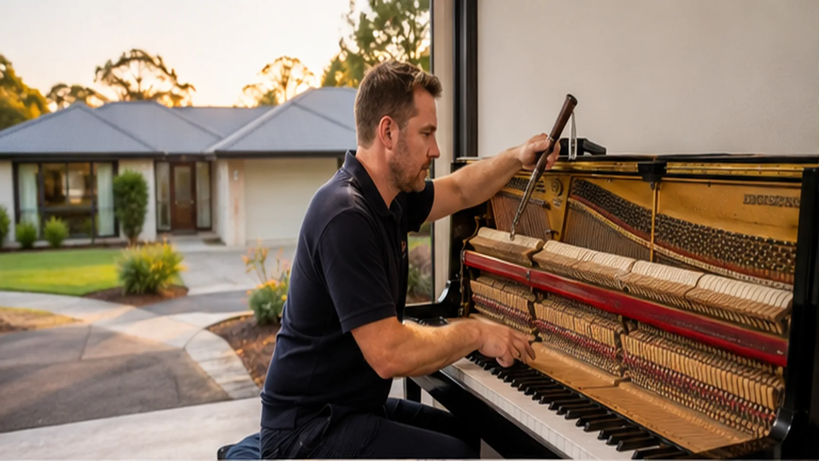 Piano Tuner delivering a booked mobile service for a customer.