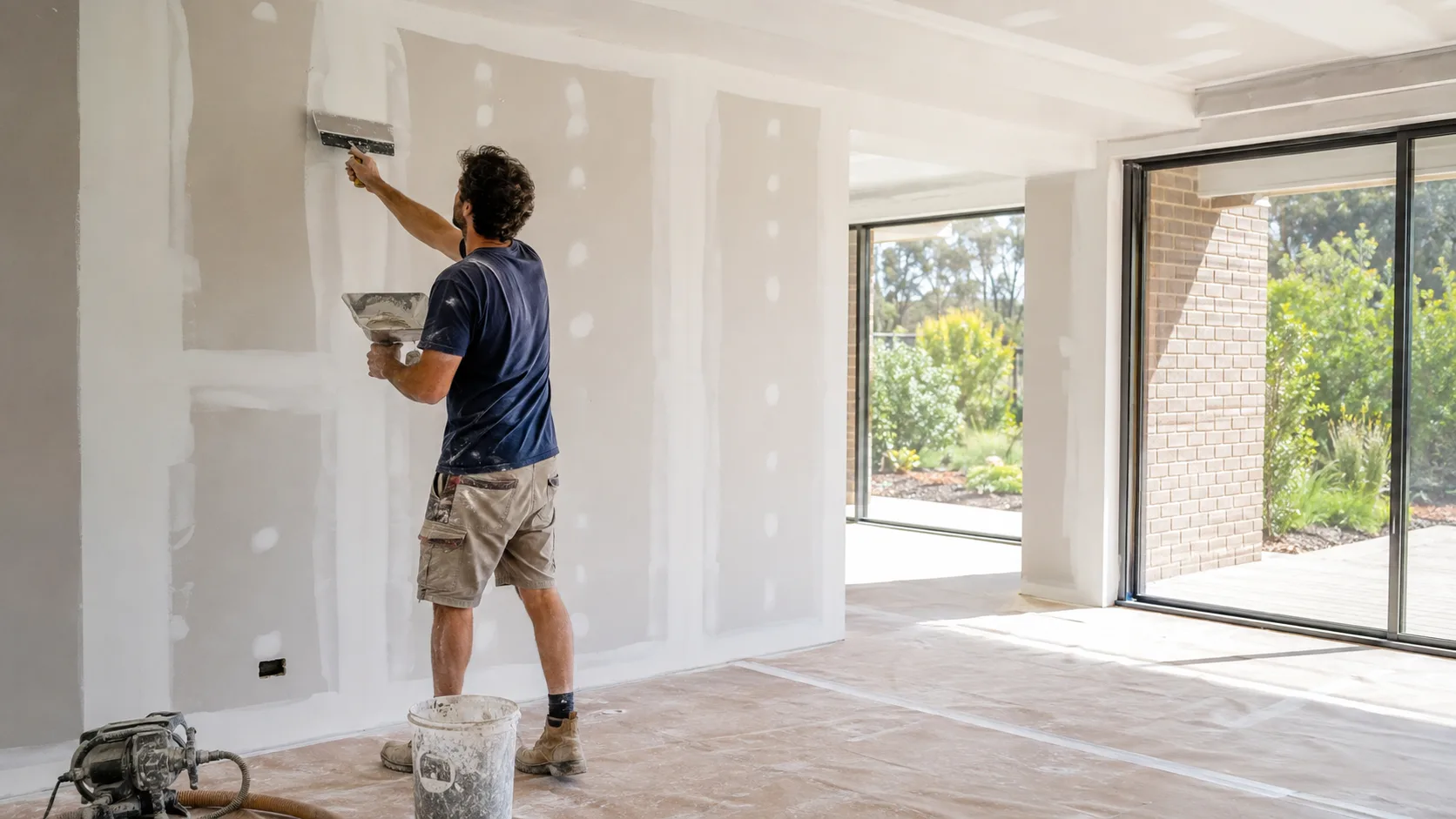 A plasterer skimming a wall inside a house in Australia