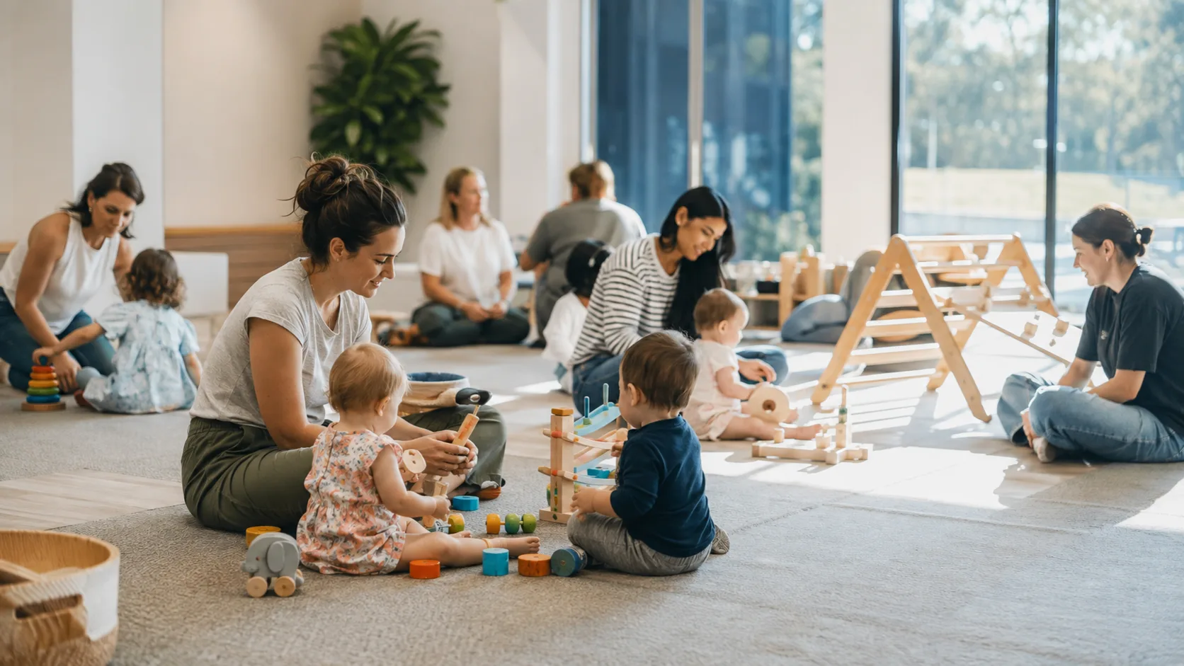 Parents and toddlers sharing supervised play in an Australian community room