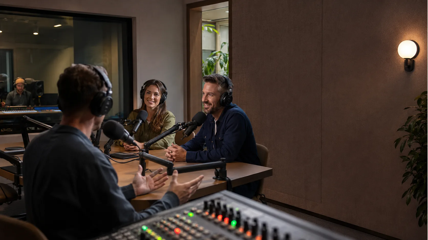 Two hosts record an animated conversation inside an Australian podcast studio