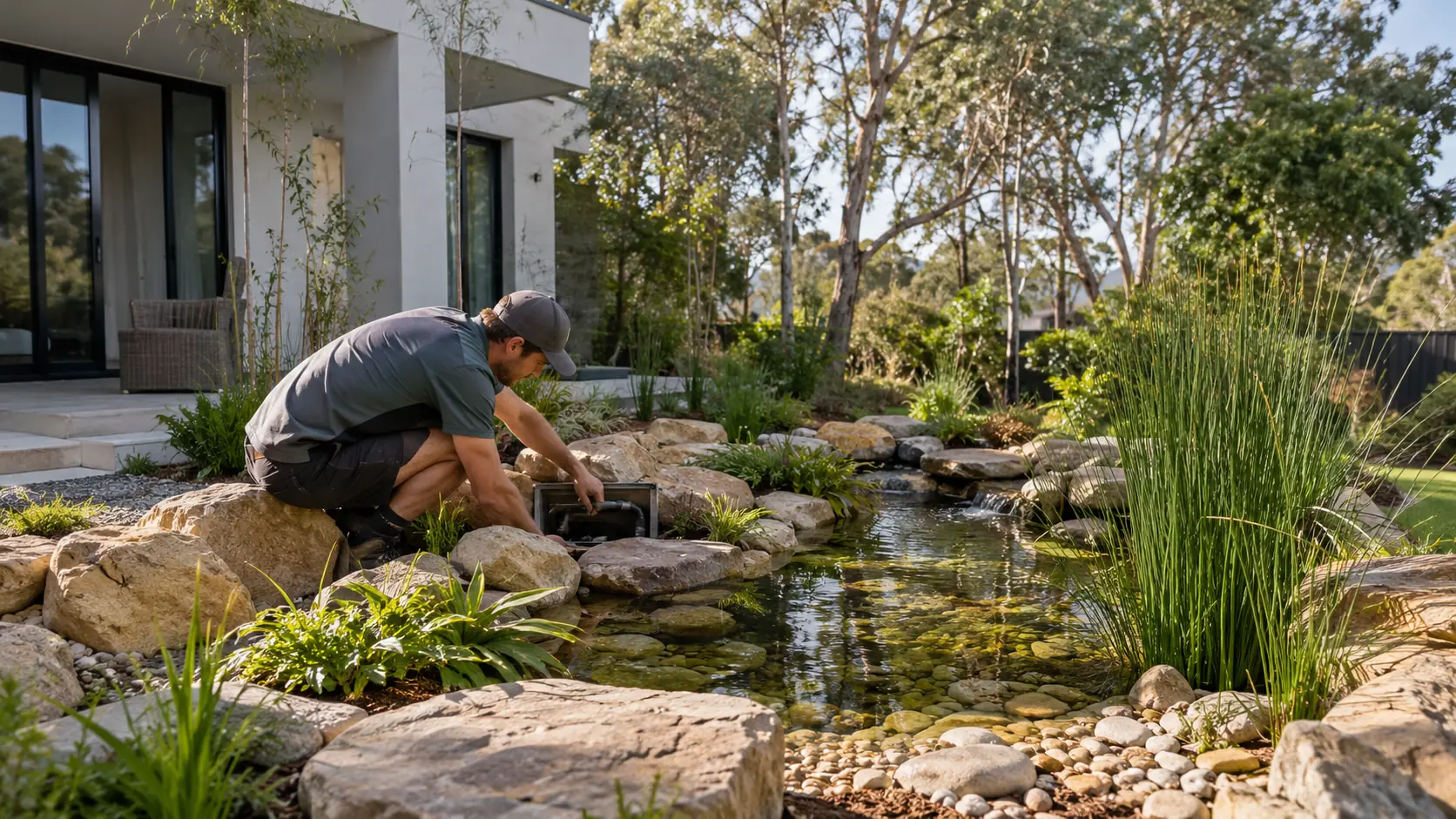 A technician sets stones around a garden pond at a modern Australian home