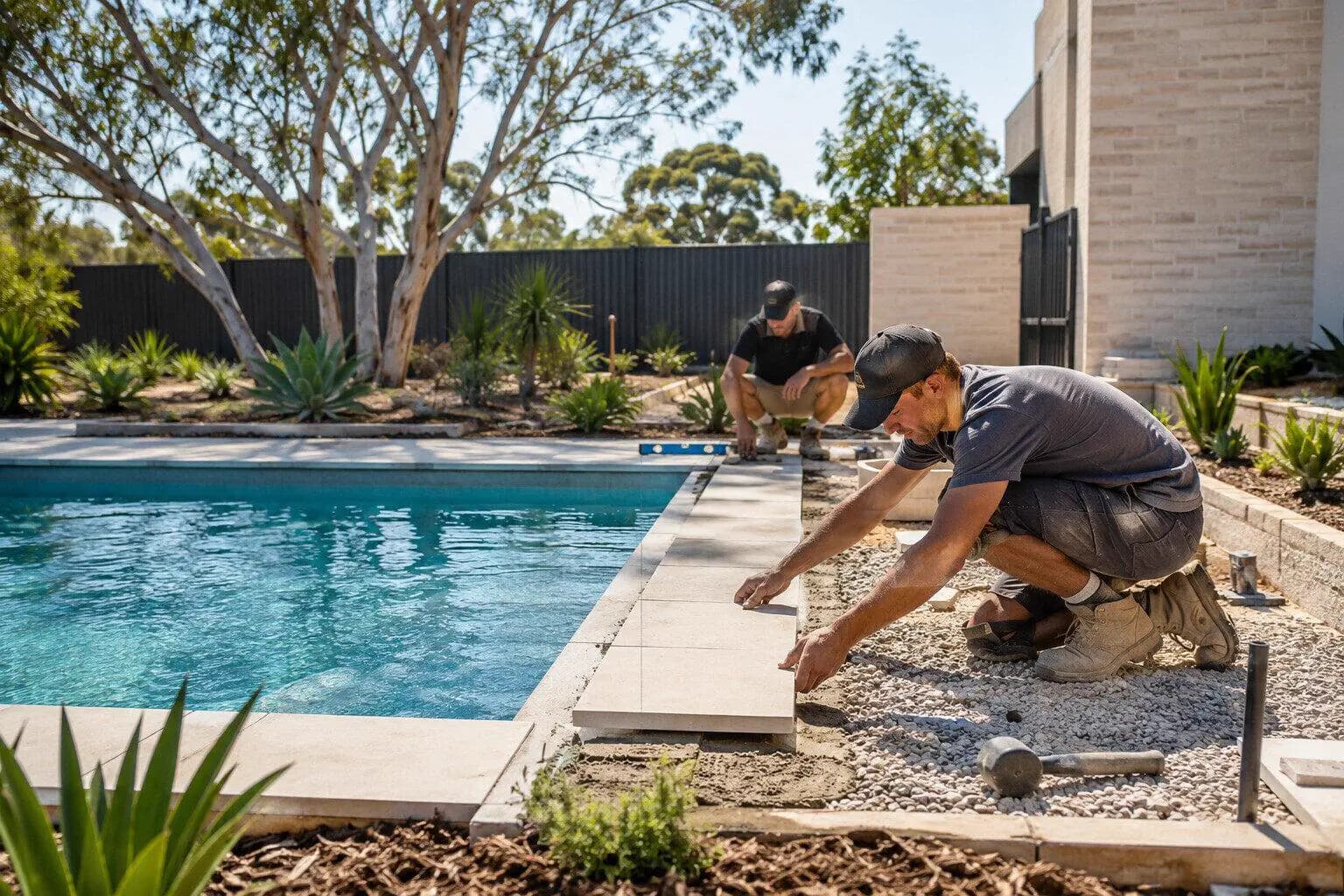A crew shaping the shell of a new backyard pool in Australia