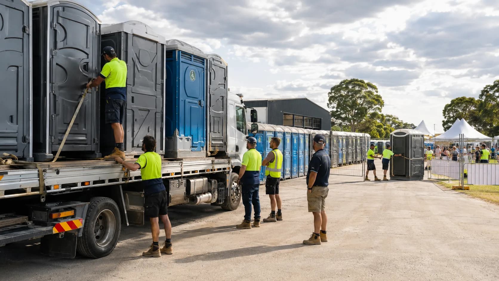 Customers collect booked portable toilet unit model from an active Australian hire business