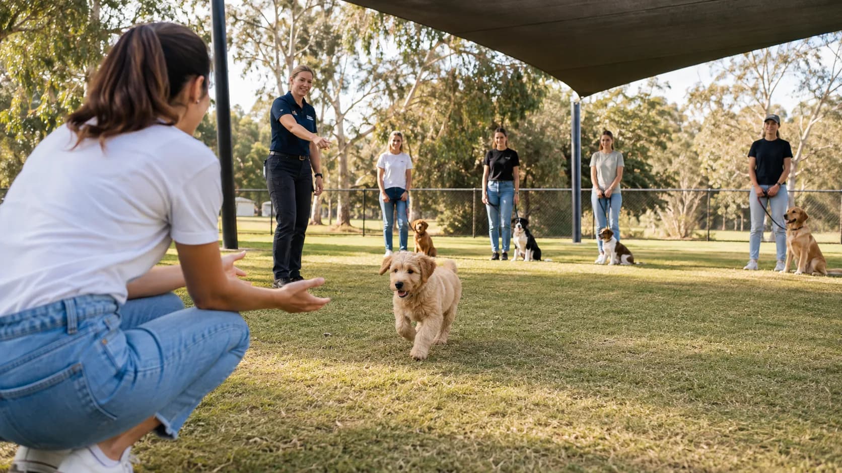 For puppy classes, a trainer teaches puppy recall on shaded grounds in Australia