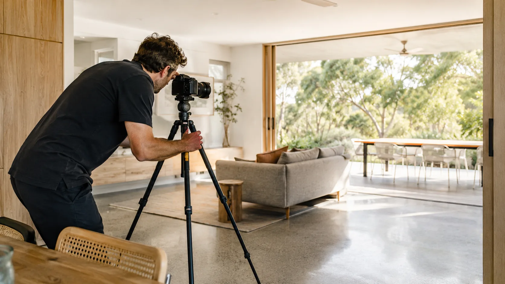 A photographer shoots a living room open to a deck in an Australian house