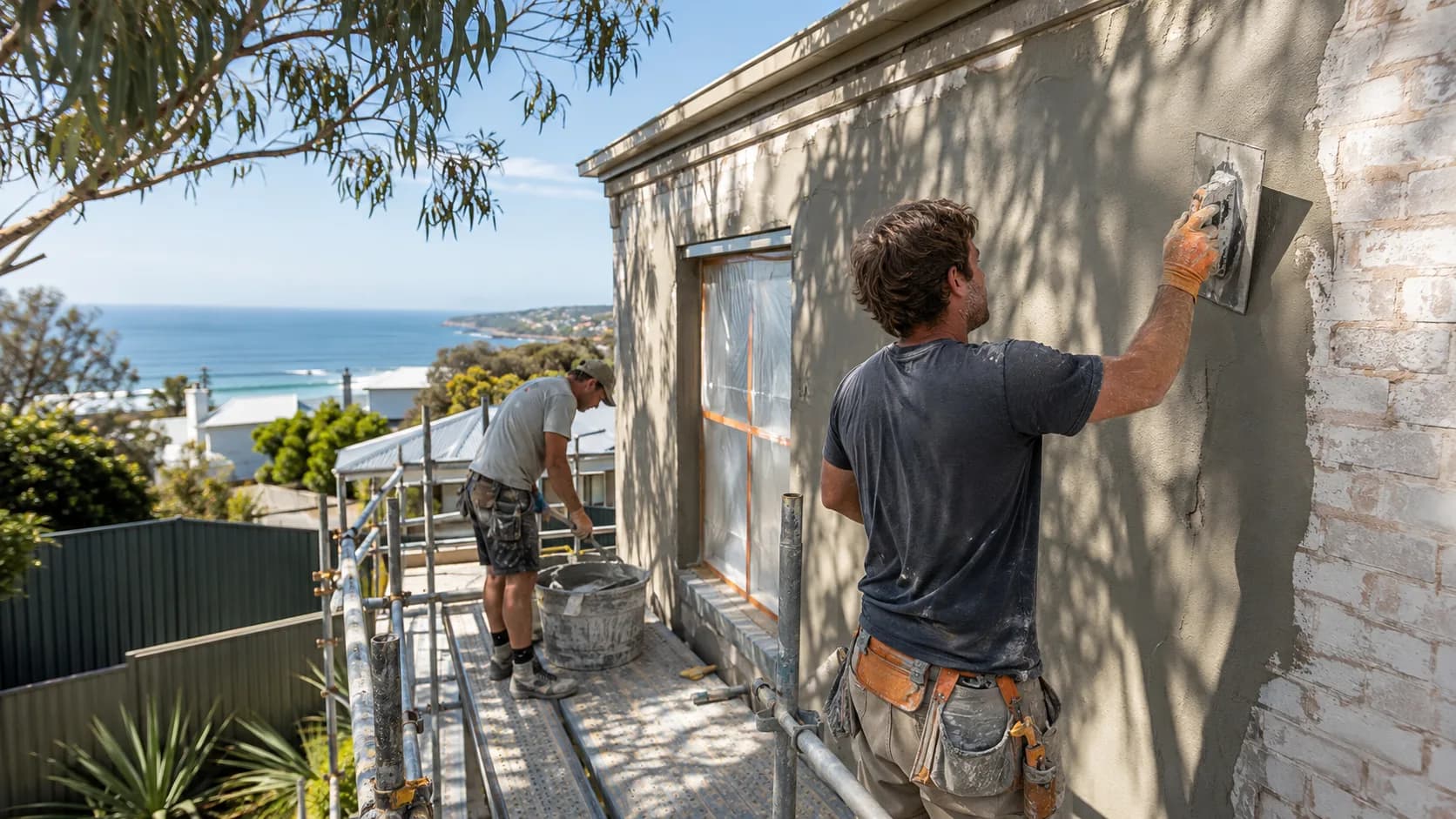 A renderer floating a coat of render onto a house wall in Australia