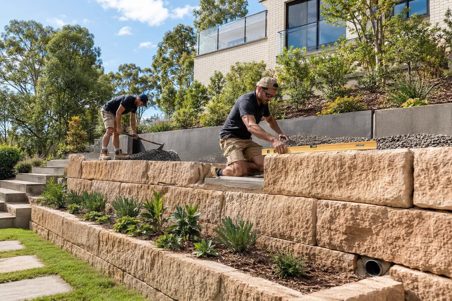 A builder setting a retaining wall in a sloping back garden in Australia