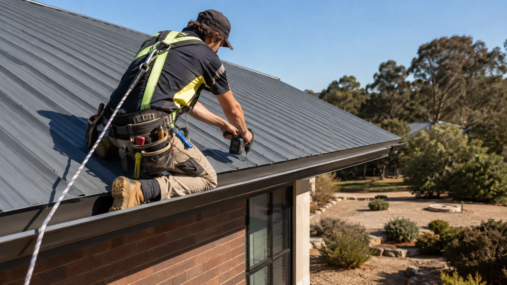 A roofer at work on a house roof in Australia