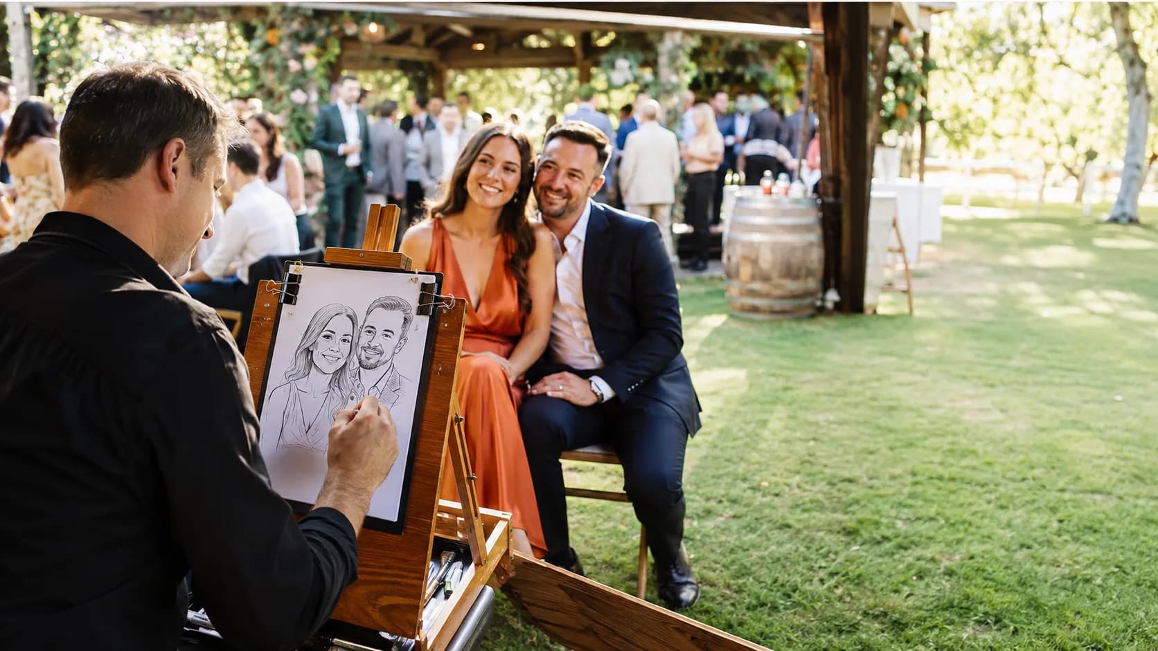 Caricaturist sketching a guest at a lively event in Australia