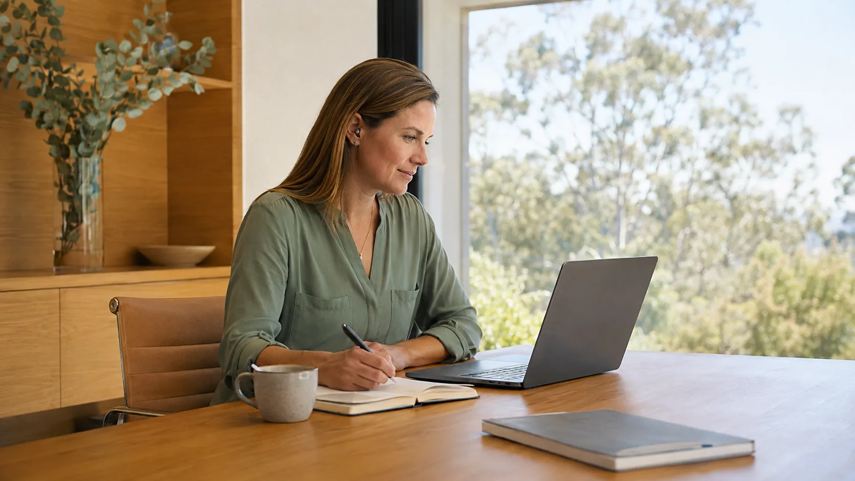 A sales professional takes notes during a scheduled video call in Australia