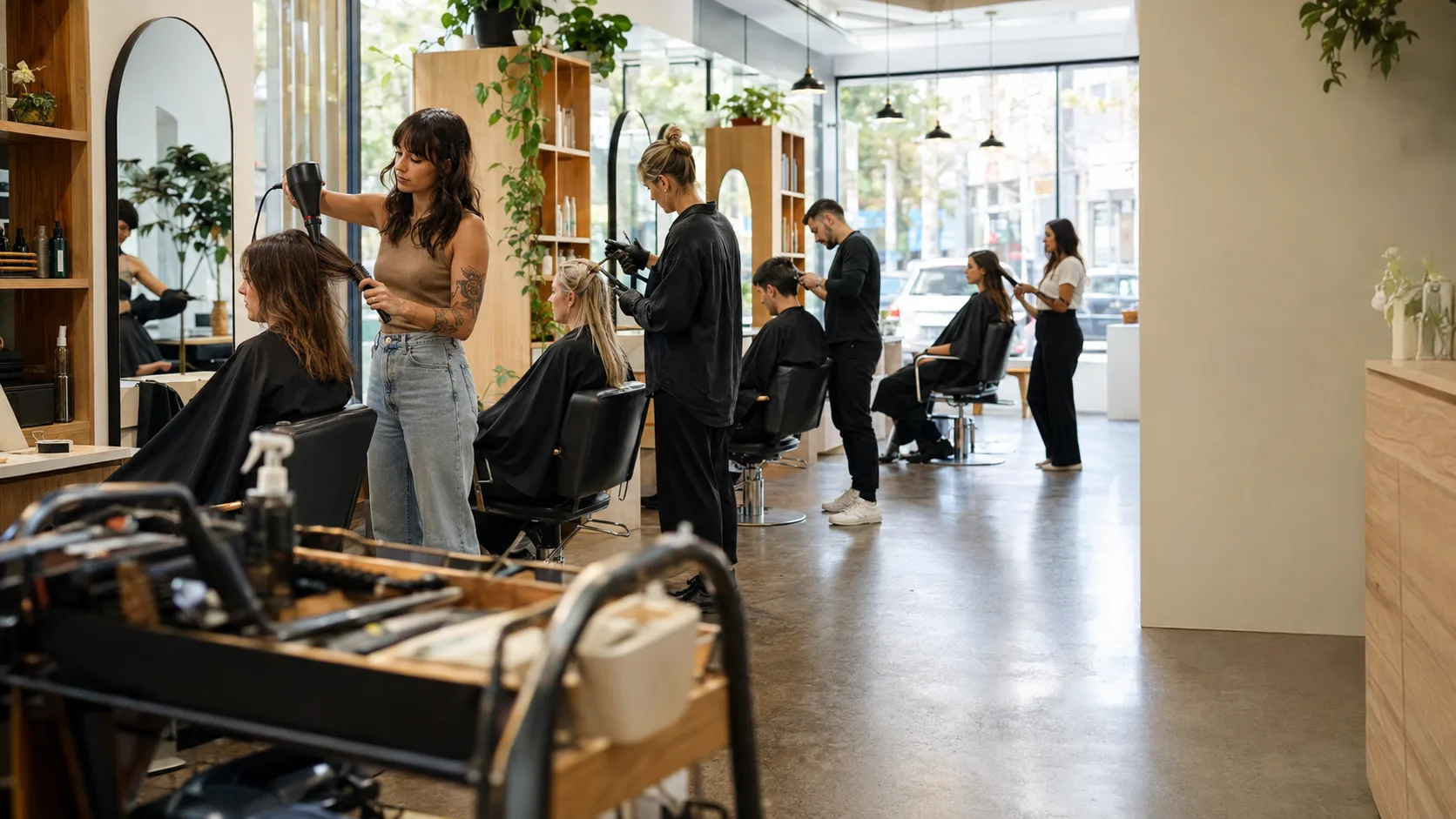 Independent stylists work from occupied chairs inside a bright shared salon