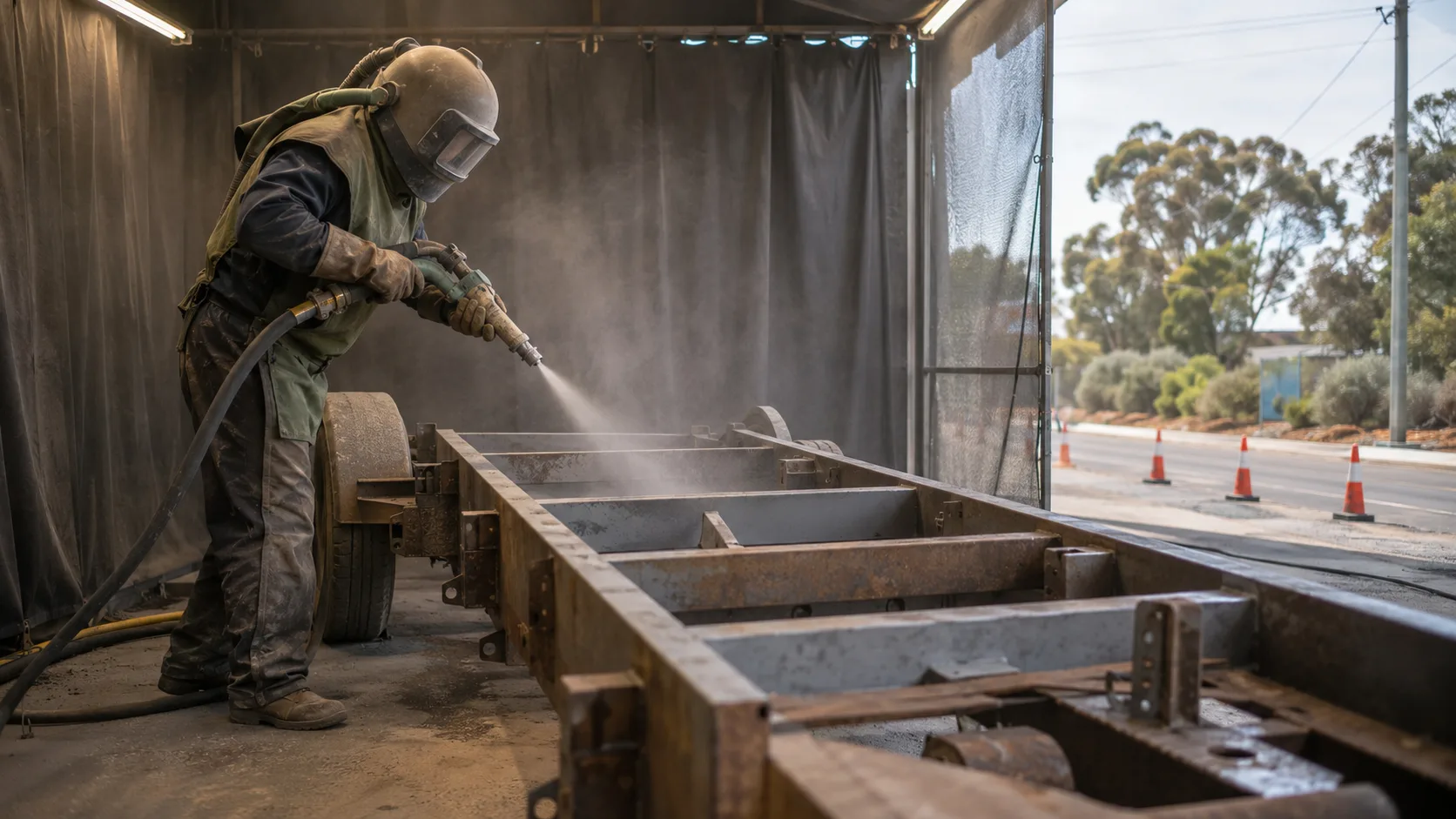 A blaster stripping rusted steel back to bare metal in Australia