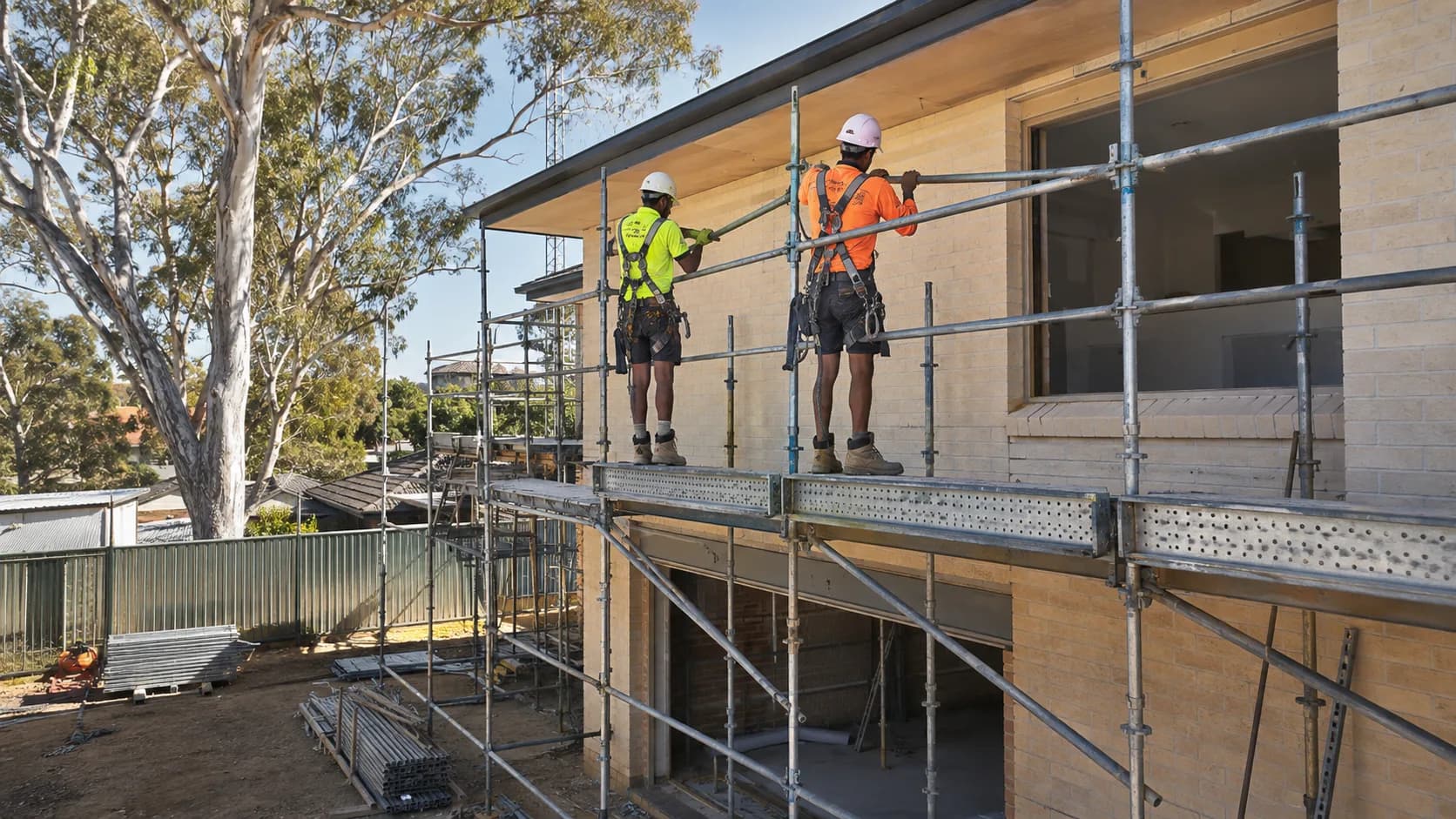 Scaffolders erecting a scaffold on a house in Australia