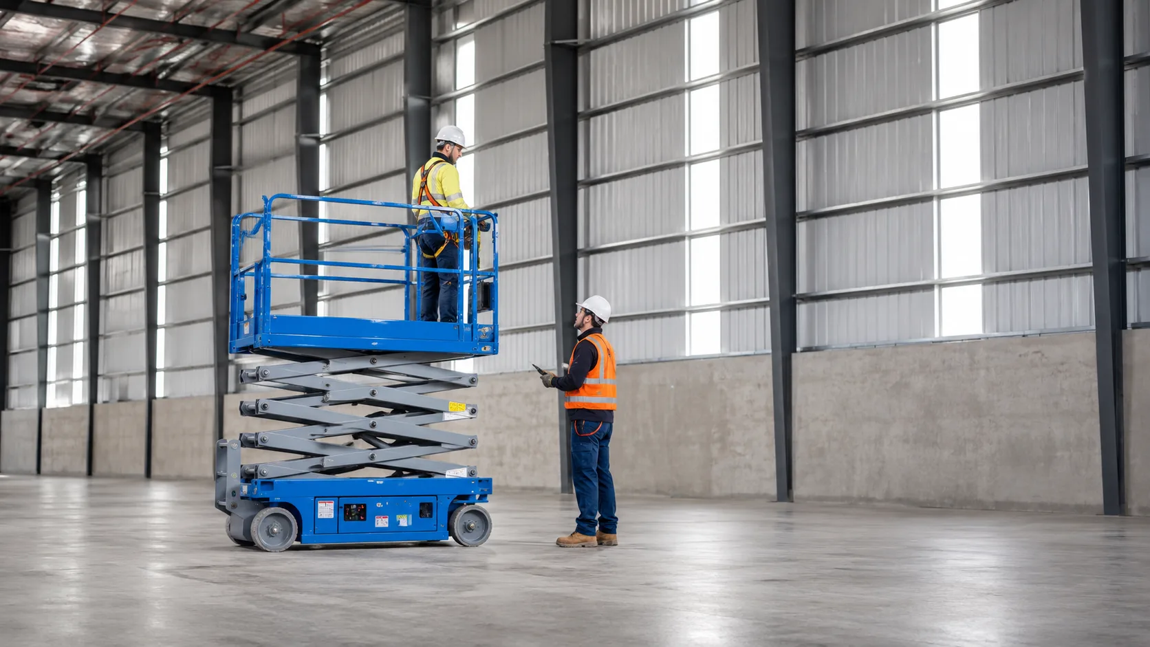 Operator demonstrating a scissor lift inside an warehouse in Australia