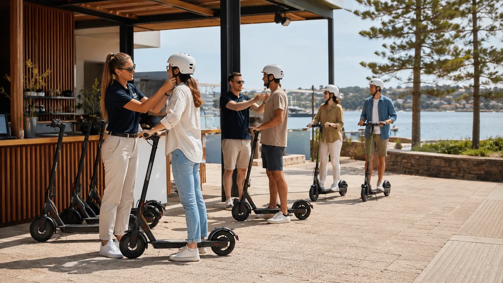 Customers collect booked scooter model from an active Australian hire business