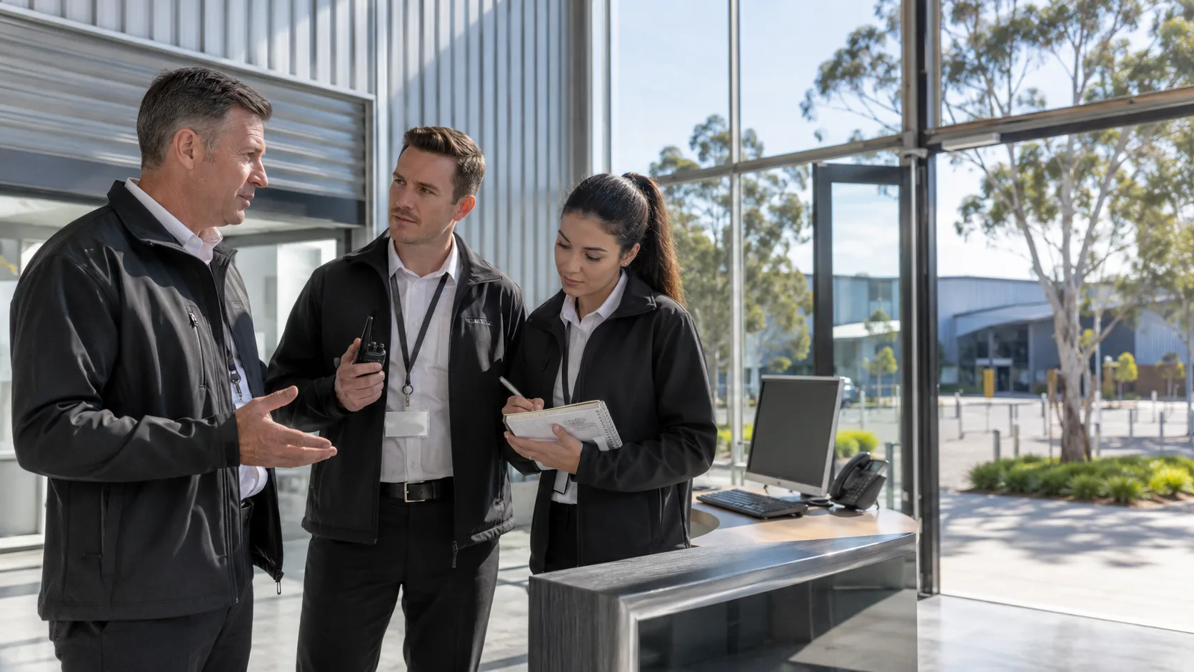 Security trainees rehearse calm access control with radios and incident notebooks in Australia