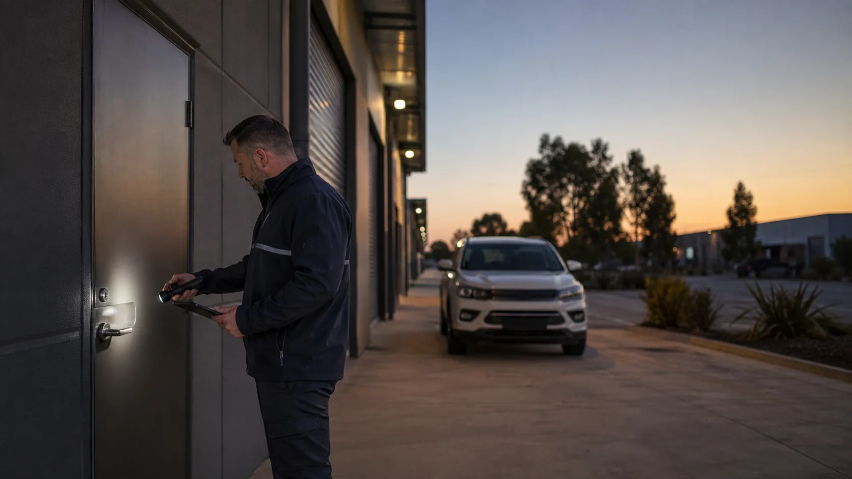 A patrol officer checks a roller door at an Australian business at dusk