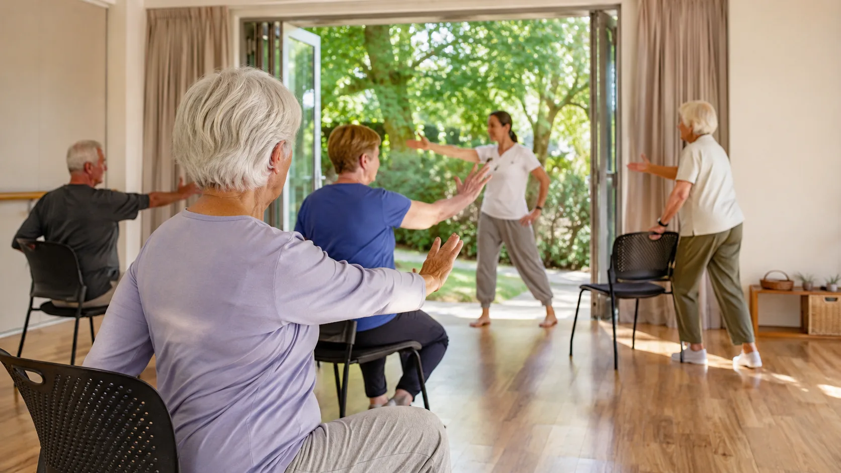 Older adults follow a chair-supported fitness low-impact class in Australia