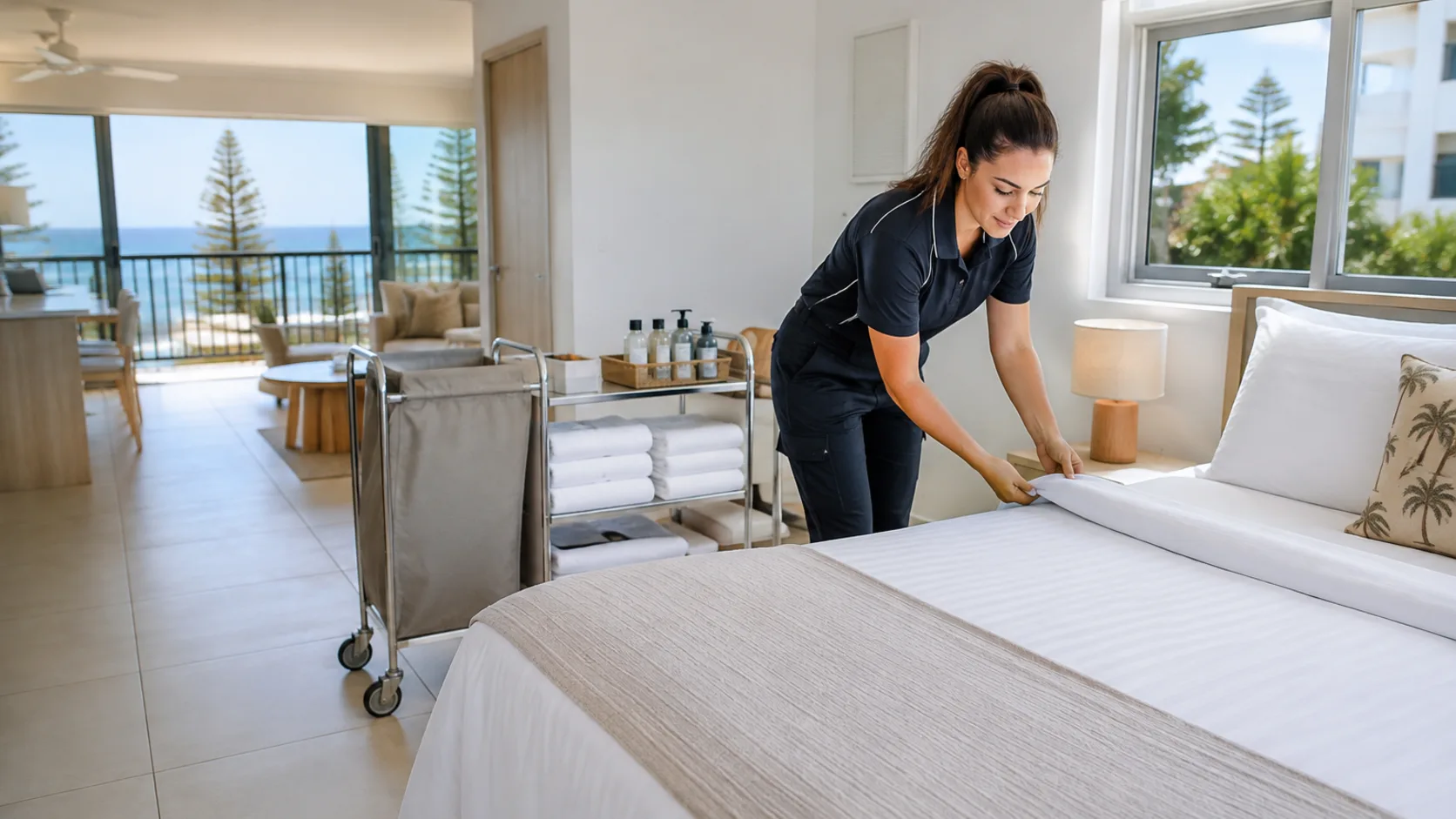 A turnover cleaner making up a bed in a short-stay property in Australia