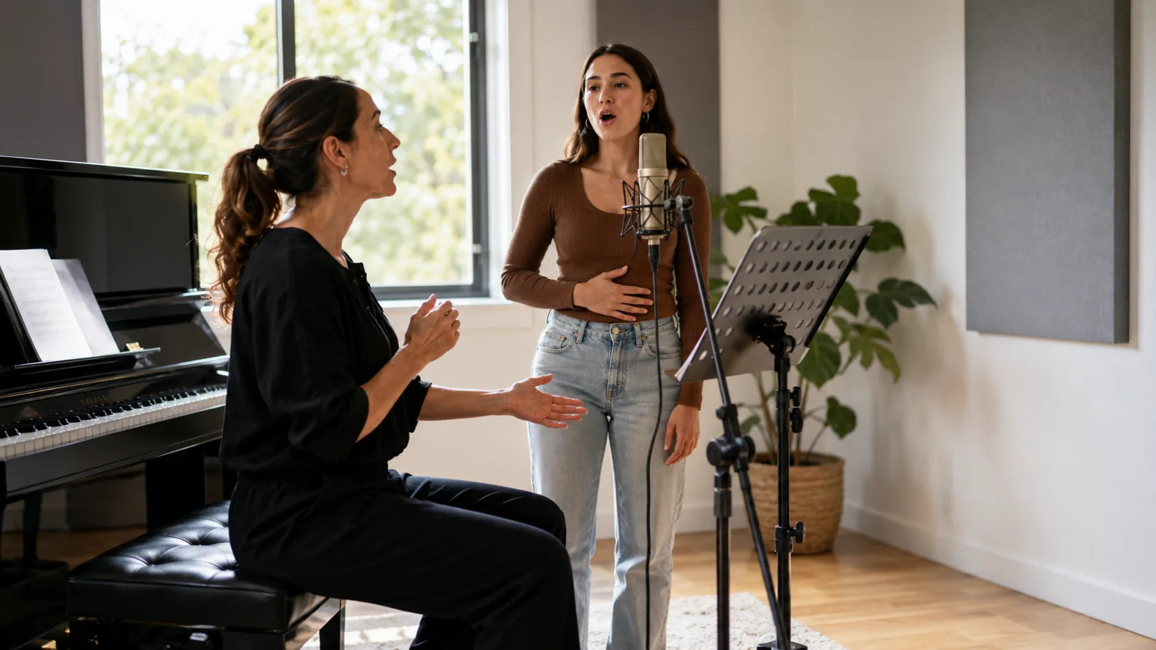 Singing teacher coaching a student in a bright Australian vocal studio