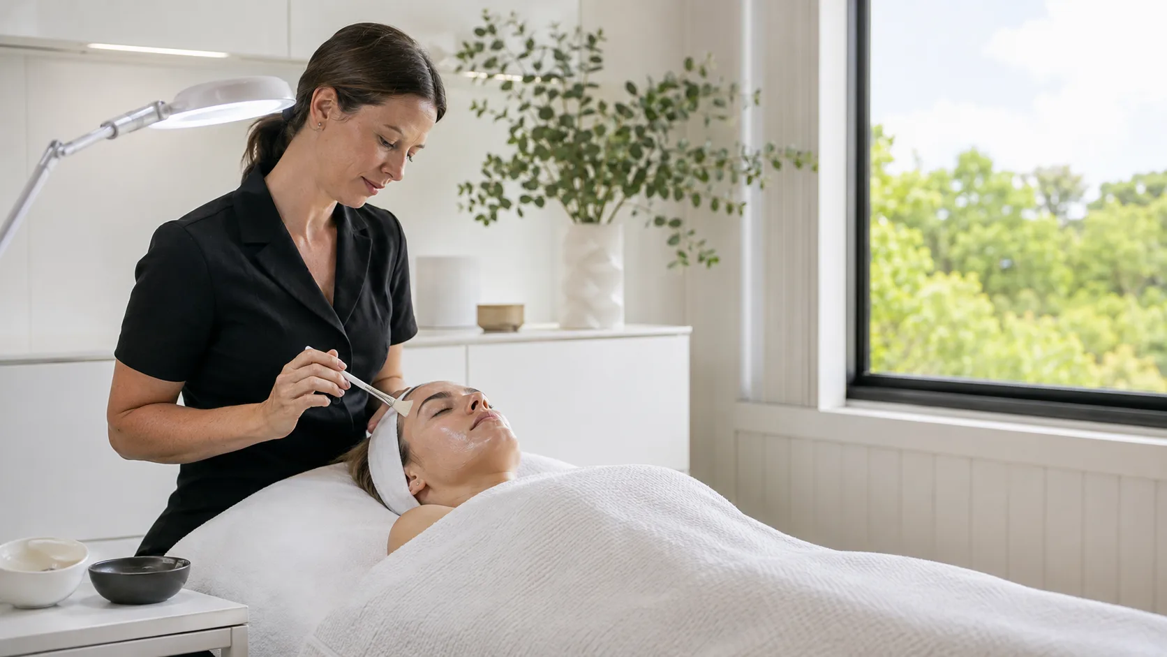Skin therapist applying a facial mask for a client inside a bright studio in Australia
