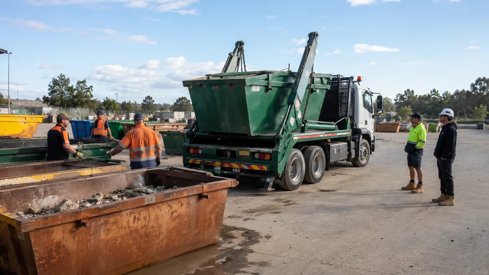 Customers collect booked skip bin size from an active Australian hire business
