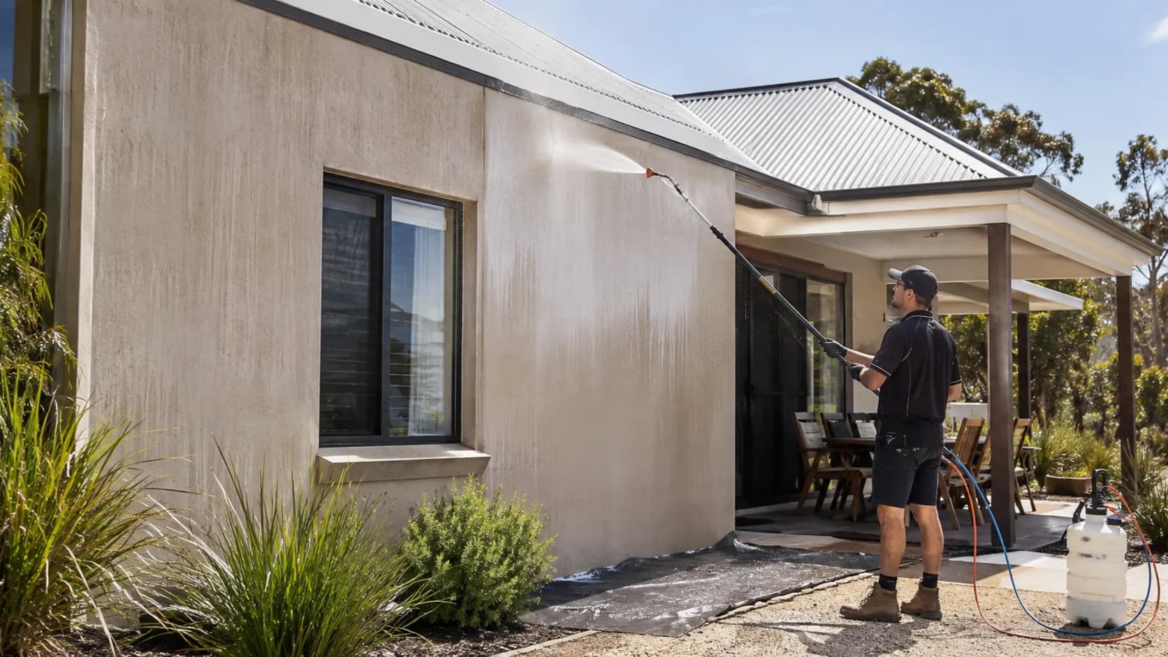 A soft washing operator treating a house roof at low pressure in Australia