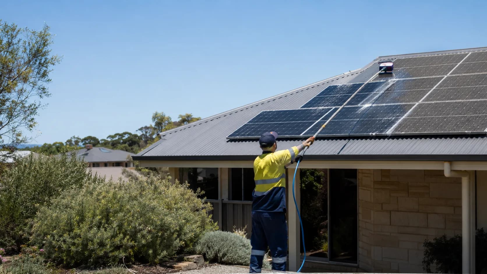A cleaner washing a rooftop solar array in Australia