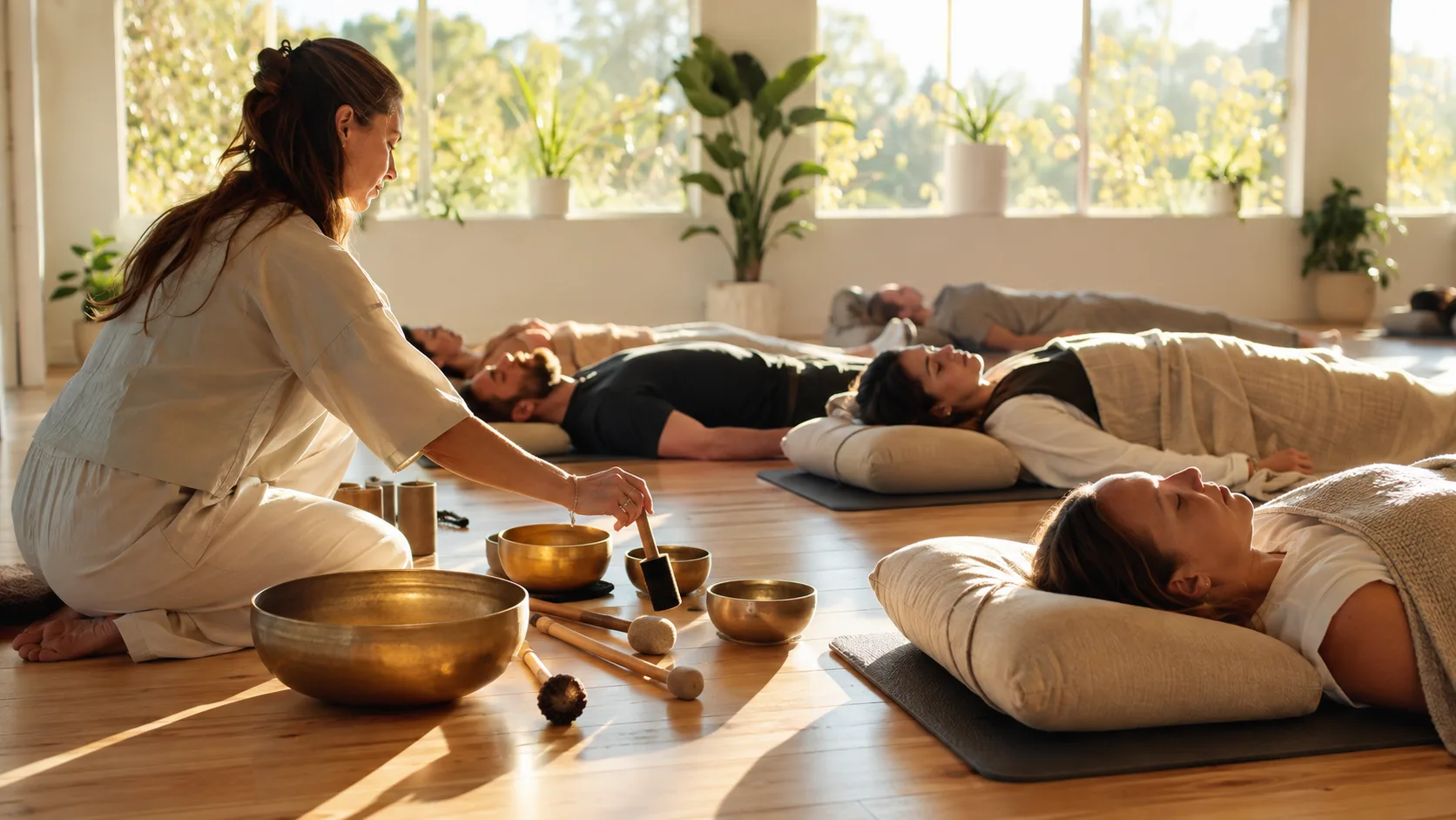 A facilitator prepares bowls for a sound bath session in Australia