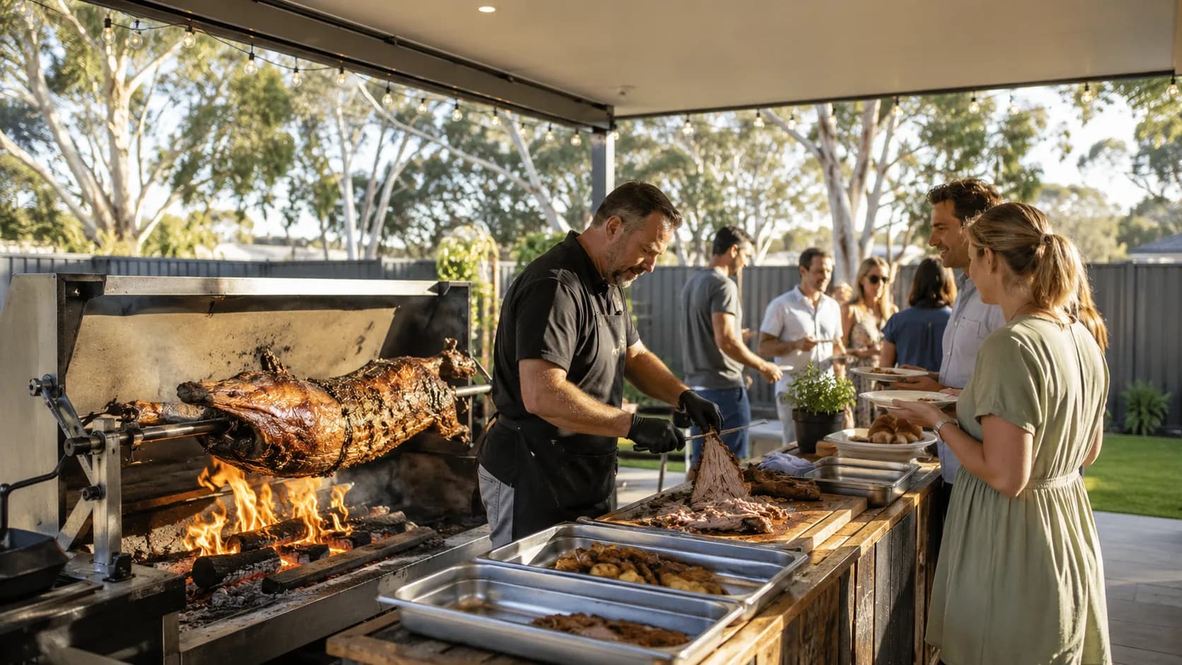 spit-roast caterer carving at a sunny backyard celebration in Australia