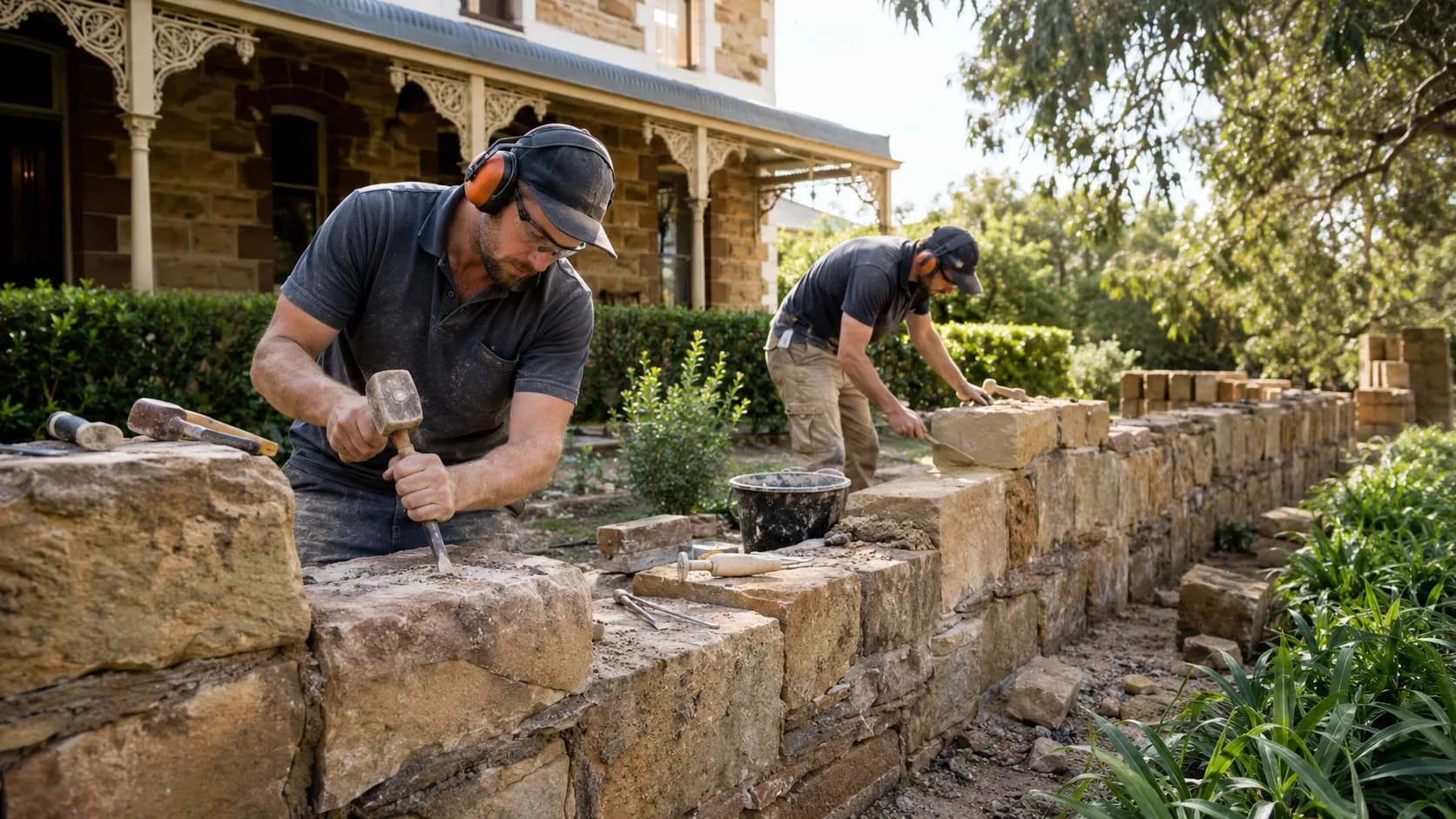 A stonemason dressing a block on site in Australia