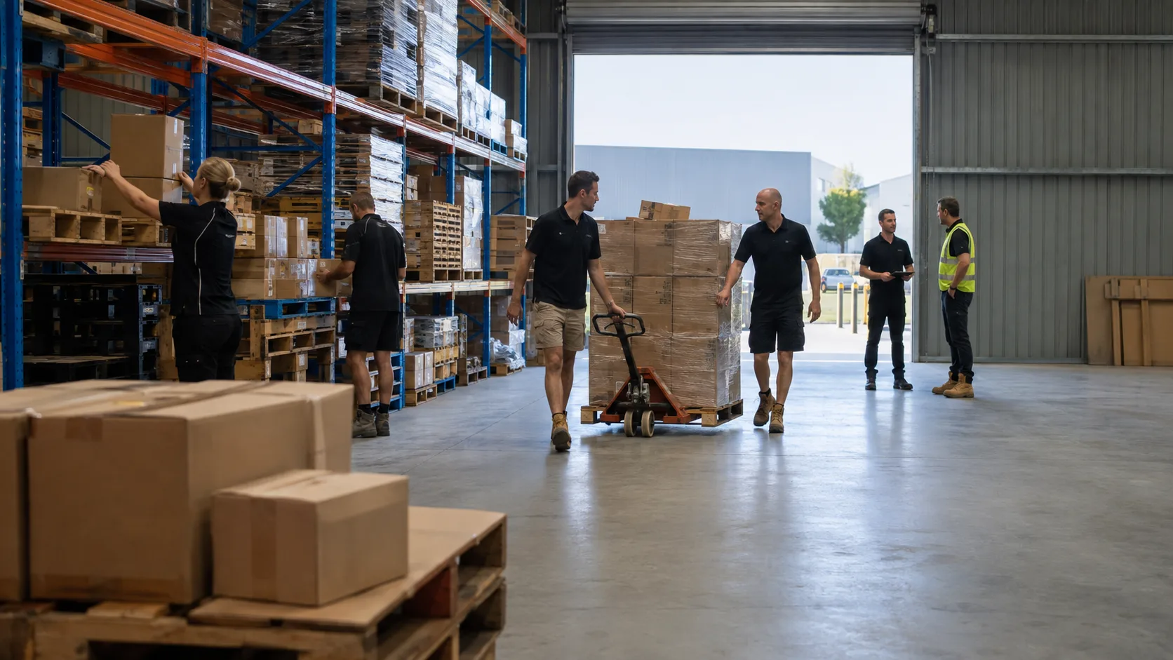 Staff guide a hirer through an active warehouse storage bay