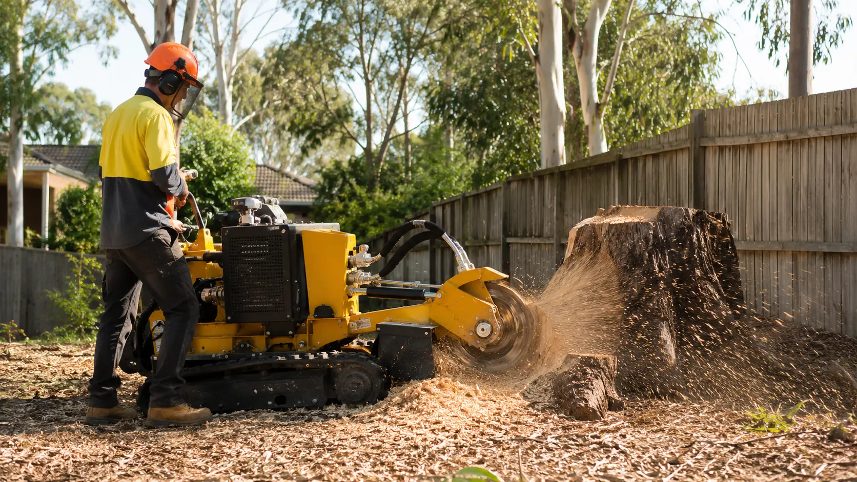 An operator grinds a stump with chips flying in an Australian backyard