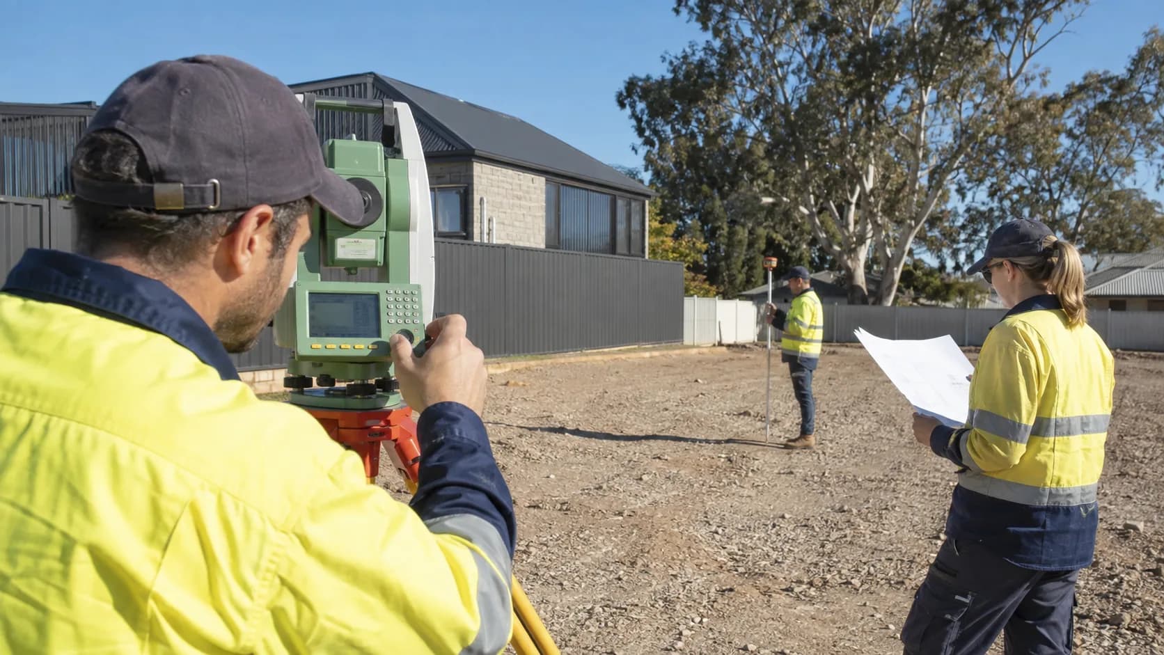 A surveyor takes site measurements using professional equipment in Australia