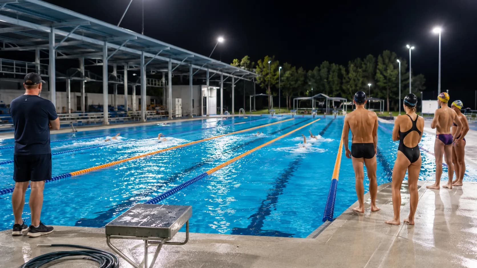 Swimmers train under floodlights in outdoor lap lanes in Australia