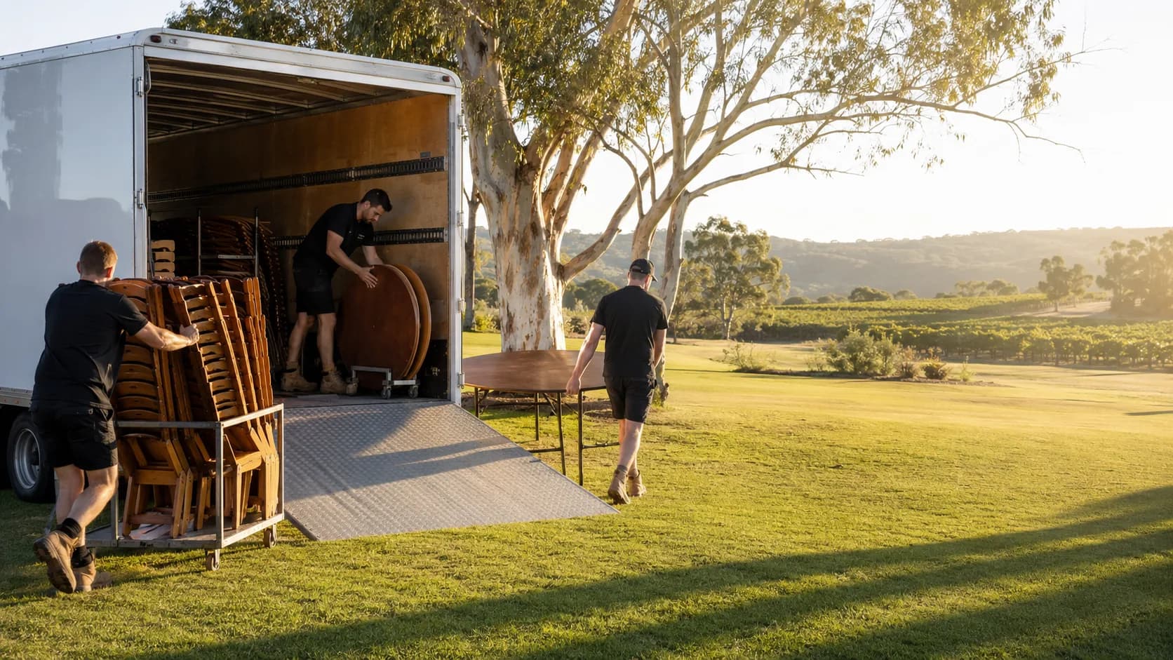 Crew unloading timber chairs for an outdoor celebration in Australia