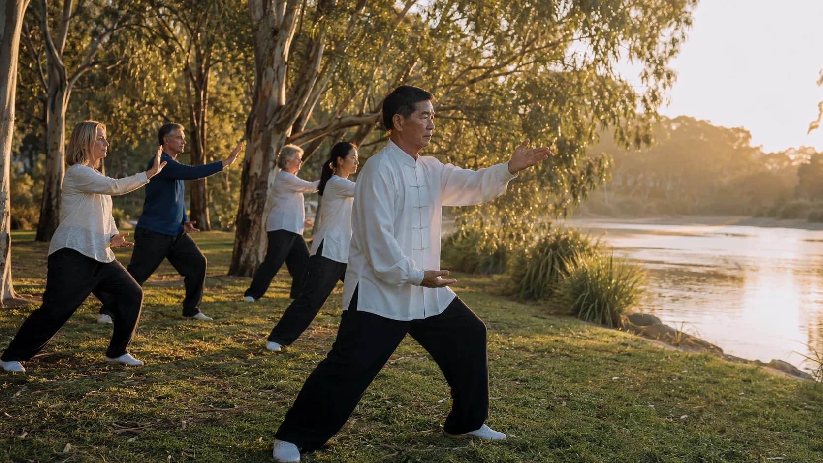A tai chi teacher leads morning practice in a park in Australia