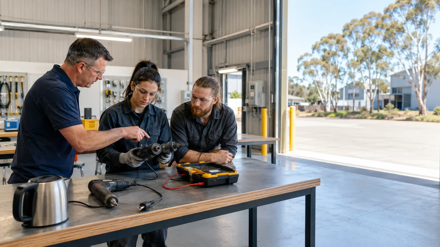 Learner tests an unplugged power tool at an electrical training bench in Australia
