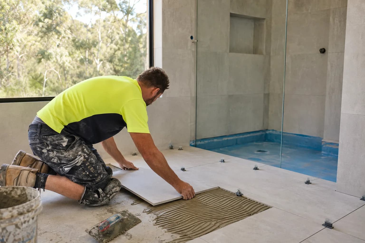 A tiler laying a bathroom floor in Australia