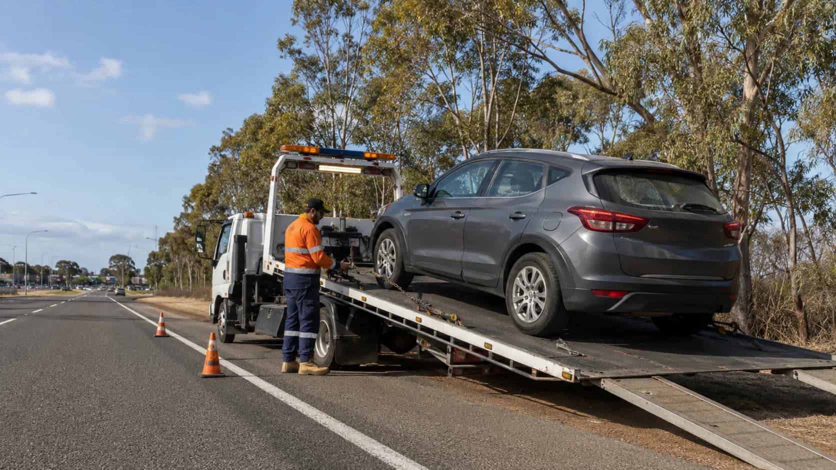 A tilt tray loads a car outside an Australian dealership on a bright morning