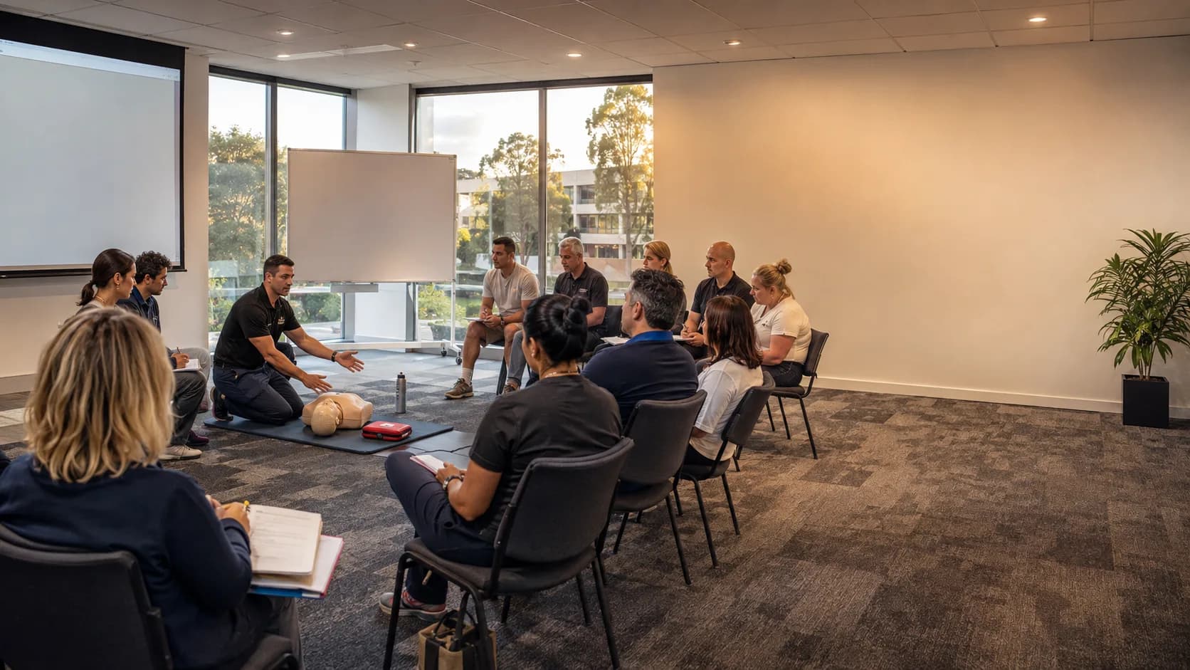 A facilitator leads an occupied training session around flexible tables