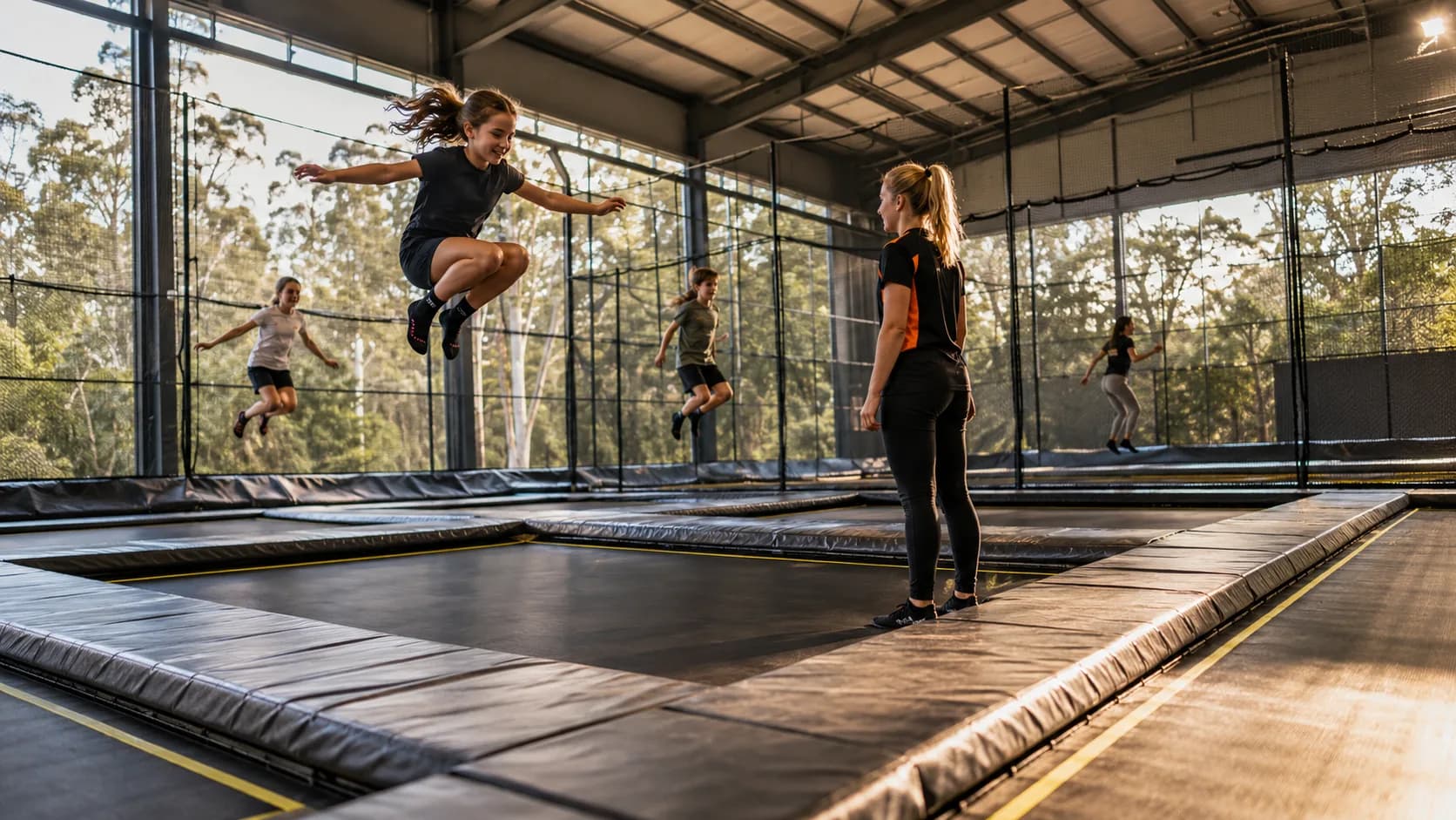 Children bounce across a busy indoor trampoline park floor in Australia