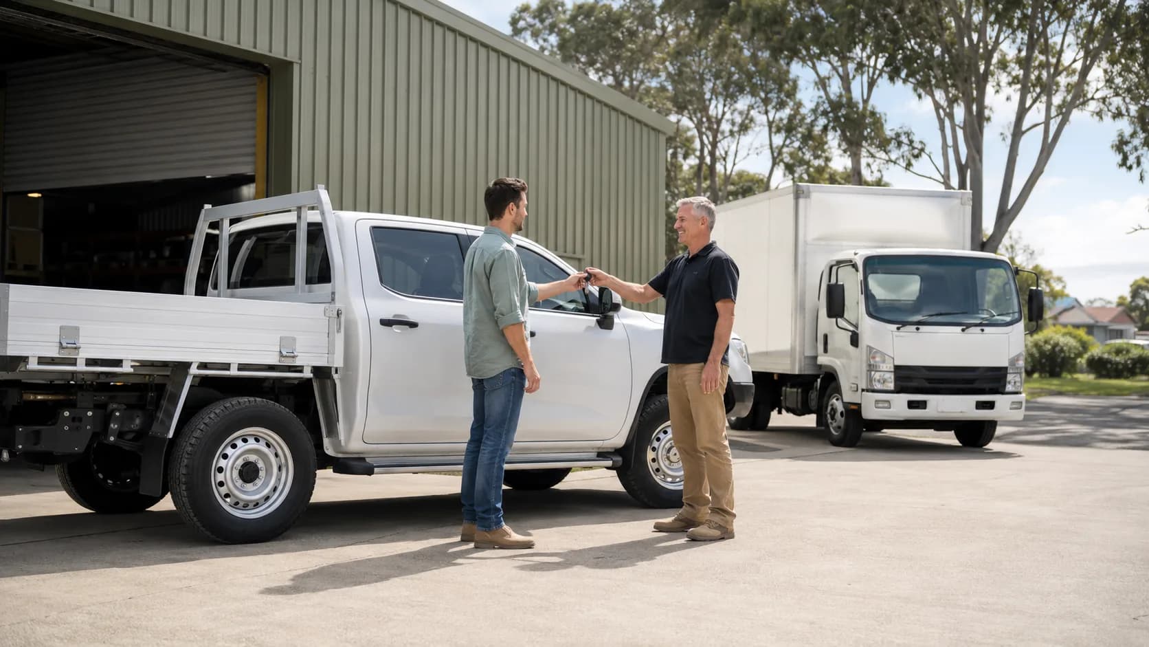 Customer receiving ute keys at an vehicle hire yard in Australia