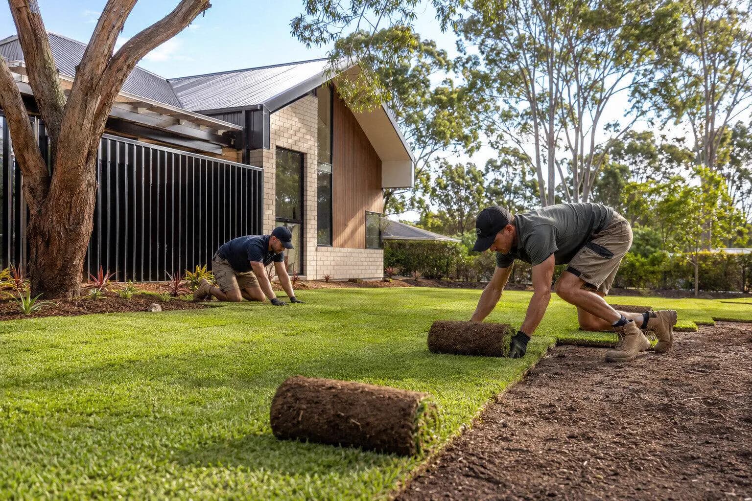 A crew rolling out new lawn over prepared ground in Australia