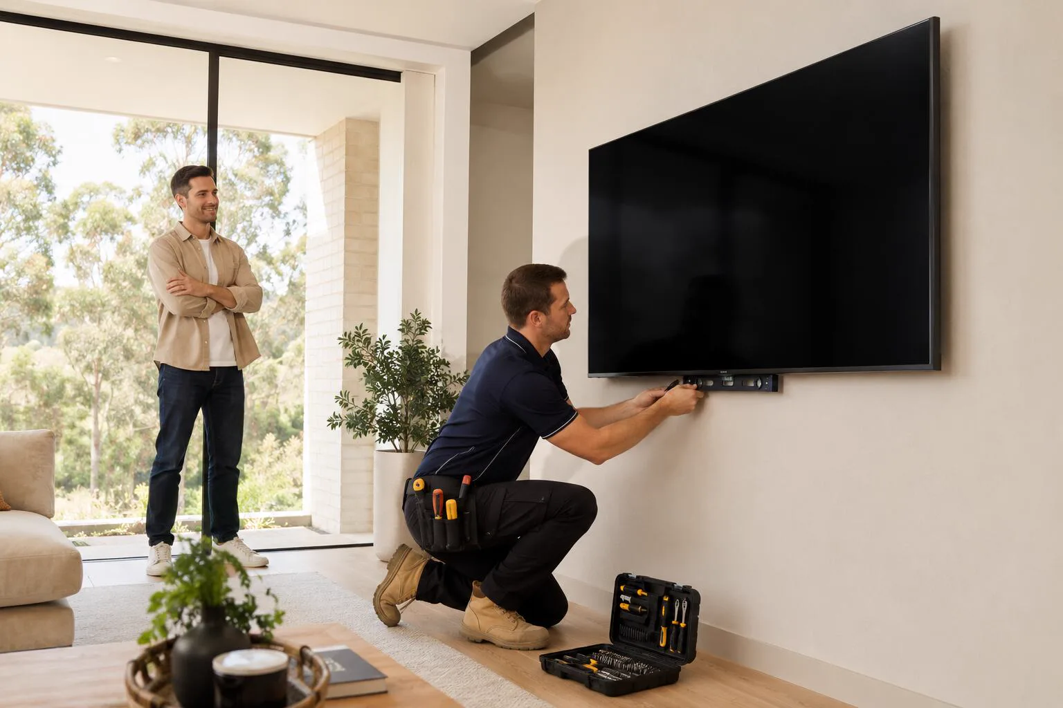An installer mounting a flat screen on a wall in Australia