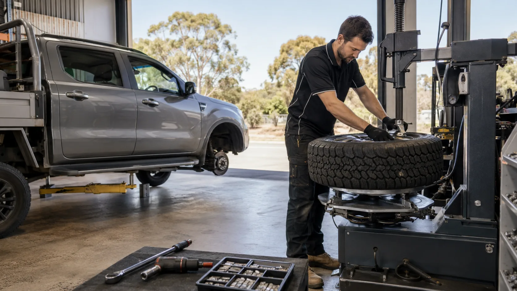 A wheel going back on in a fitting bay in Australia